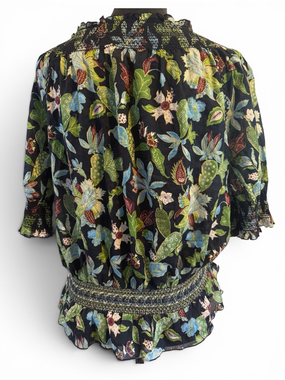 Tory Burch Black Floral Smocked Peasant Blouse Tropical Boho Print - Picture 2 of 7